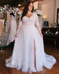 Plus Size Chiffon Wedding Dress A-Line V-Neck Long Sleeves Bridal Dress