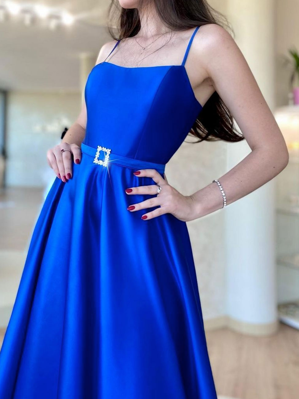 Simple Blue Satin Long Prom Dress Blue Formal Party Dress