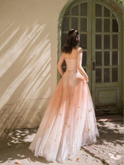 Unique V-Neck Sequin Tulle Long Prom Dress Orange Pink Formal Evening Dress