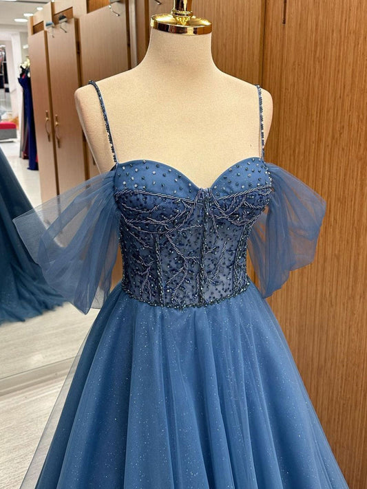 A-Line Sweetheart Neck Beading Tulle Blue Long Prom Dress Blue Formal Dress