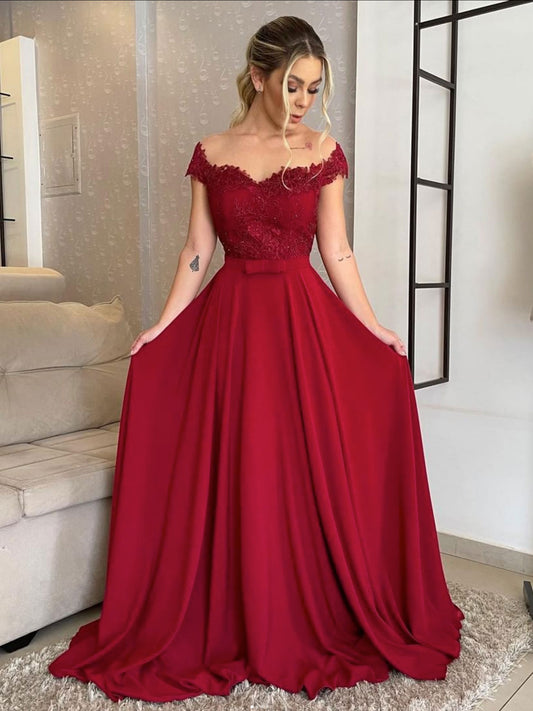 Burgundy A-Line Chiffon Lace Long Prom Dress Burgundy Evening Dress