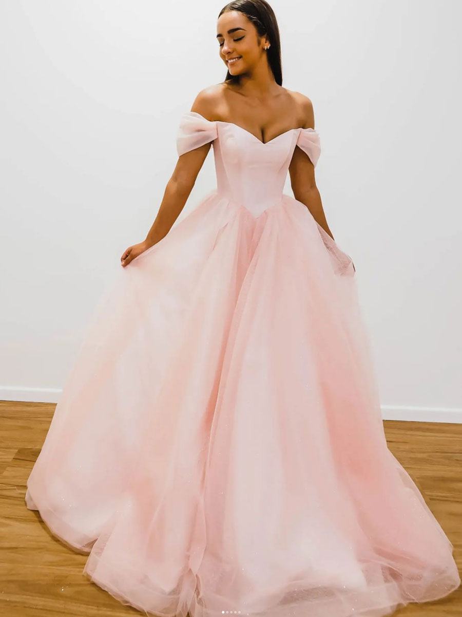 Pink Off-Shoulder Tulle Long Prom Dress Pink A-Line Evening Dress