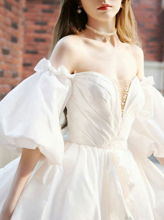 Cute White Long Sleeve Taffeta Short Prom Dress White Evening Dress