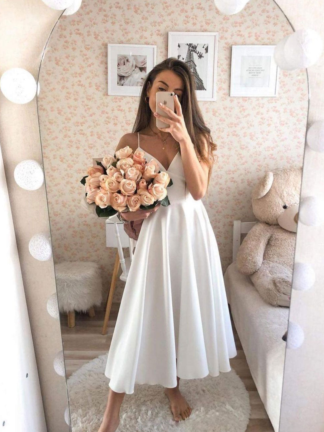 White V-Neck Tea Length Prom Dress White Satin Bridesmaid Dress