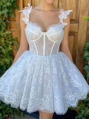 Mini/Short White Prom Dress White Lace Homecoming Dress