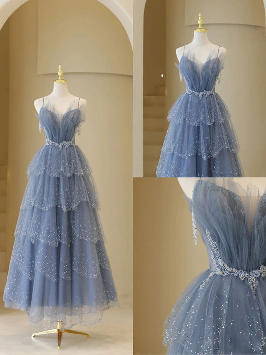 Gray Blue Tulle Sequin Beaded Long Prom Dress Blue Evening Gown