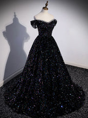 A-Line Sequin Black Long Prom Dress Off-Shoulder Black Evening Dress