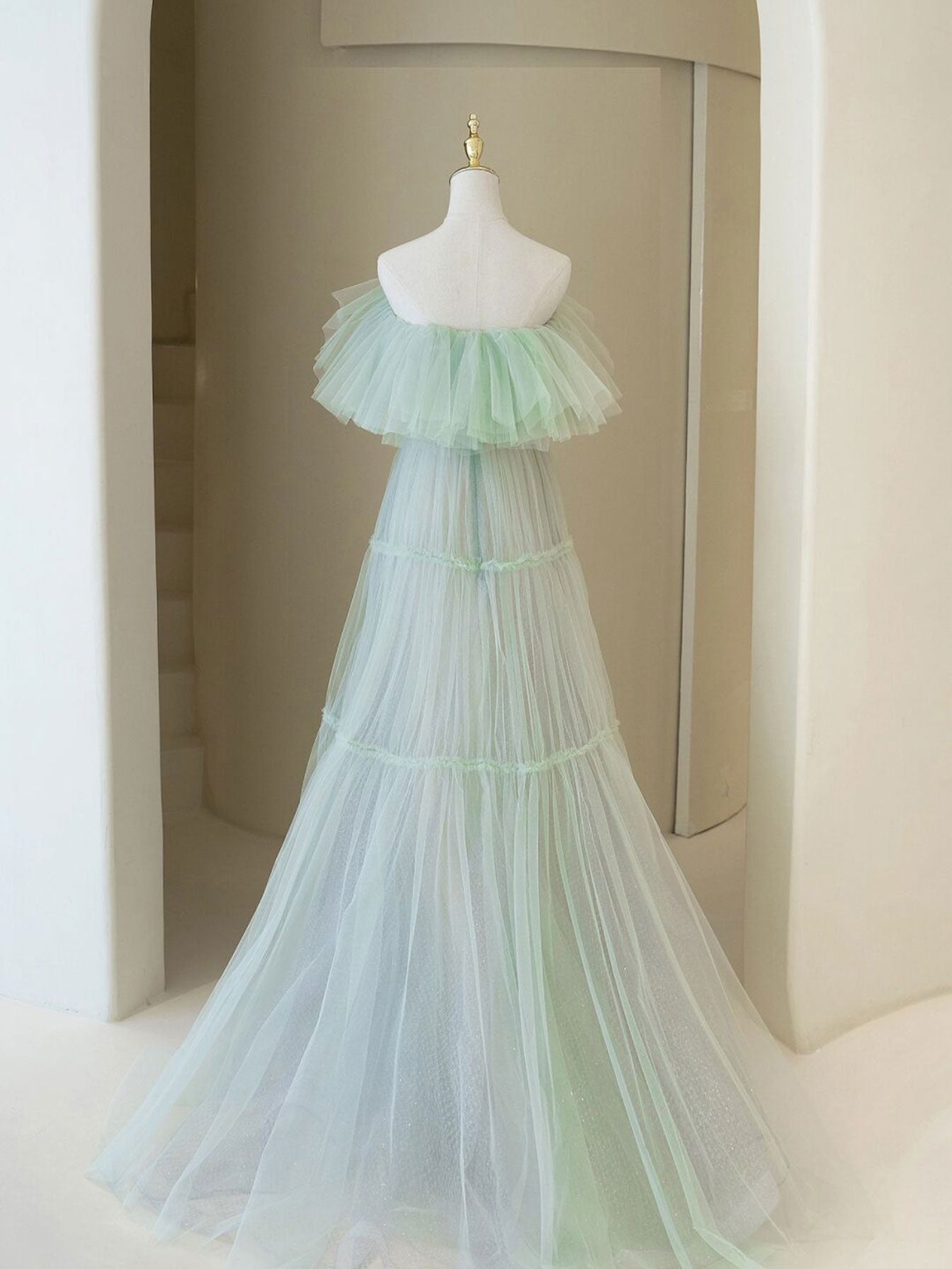 Green A-Line Tulle Long Prom Dress Green Formal Dress