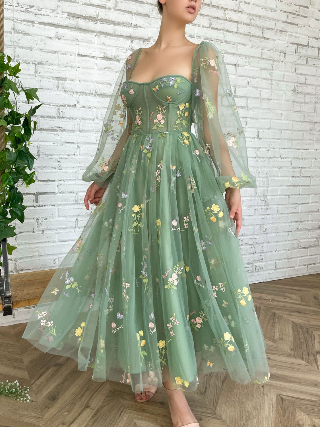 Green Tulle Lace Tea-Length Prom Dress Green Evening Dress