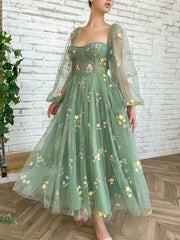 Green Tulle Lace Tea-Length Prom Dress Green Evening Dress