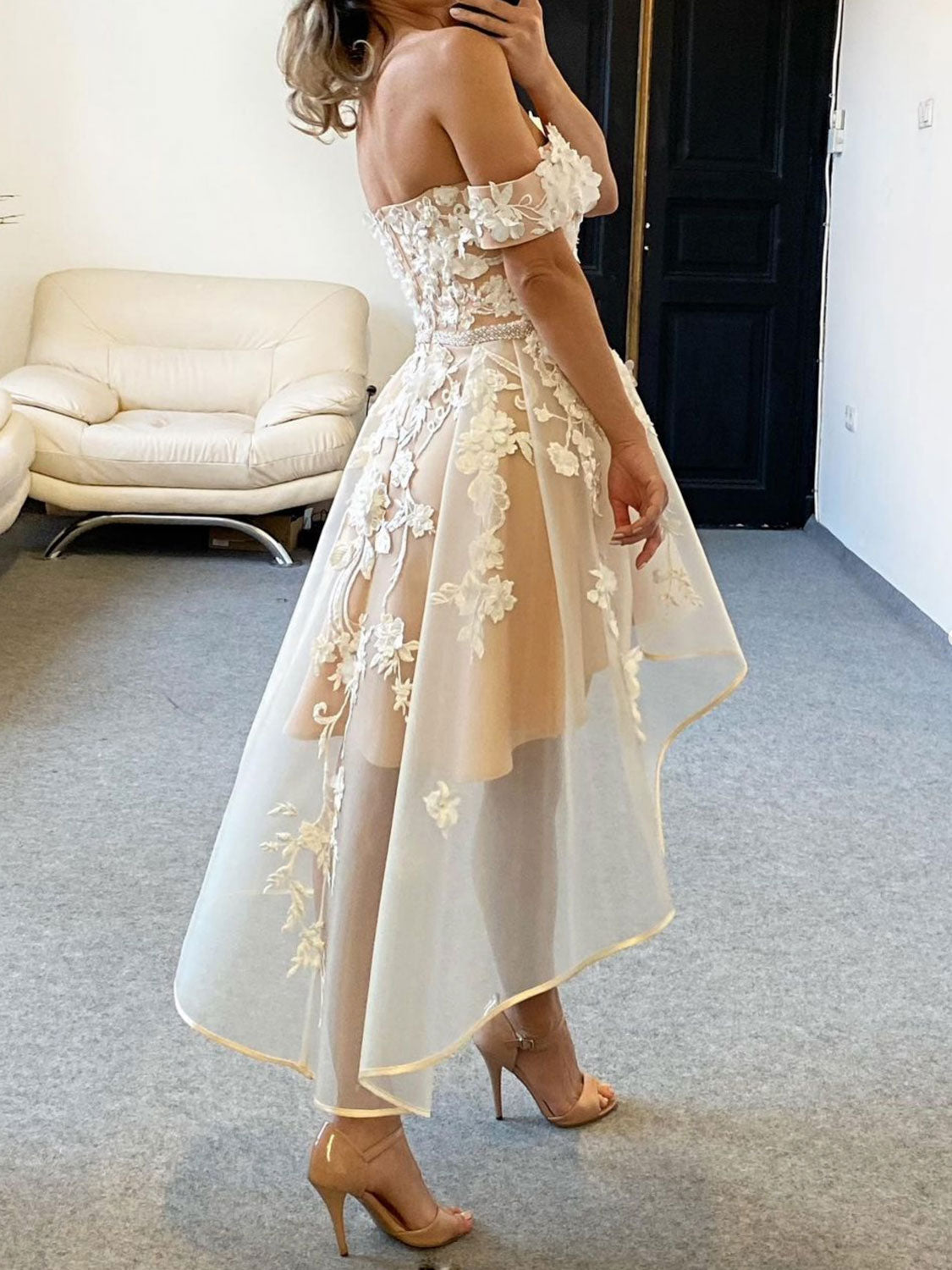 Champagne Tulle Off-Shoulder Lace High-Low Prom Dress Lace Homecoming Dress