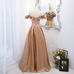 A-Line Off-Shoulder Satin Champagne Long Prom Dress Champagne Formal Dress