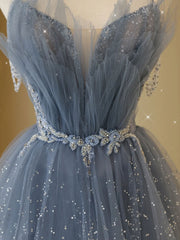 Gray Blue Tulle Sequin Beaded Long Prom Dress Blue Evening Gown