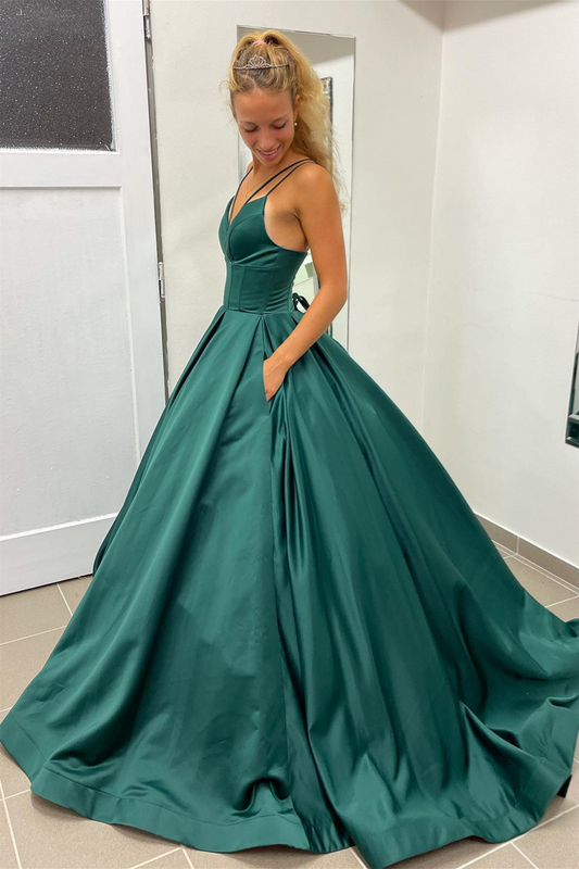 Nicole Dressystars A-line Hunter Green Sexy V-Neck Satin Long Prom Dress