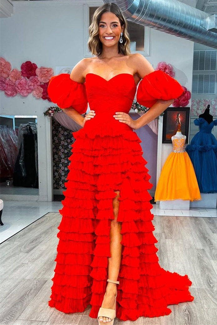 Dressystars  Chic Sweetheart Collar Red Tiered Tulle Material Elegant Prom Dress with Balloon Sleeves