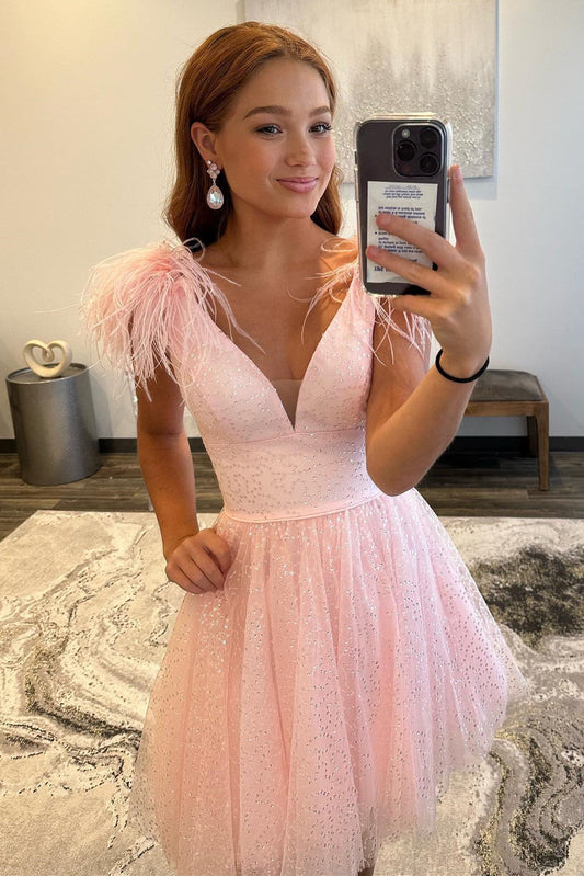 catherine pretty a line deepsexy v neck tulle homecoming dress with chic feather styles