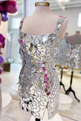 square collar silver cut mirror sequin style bodycon homecoming dress