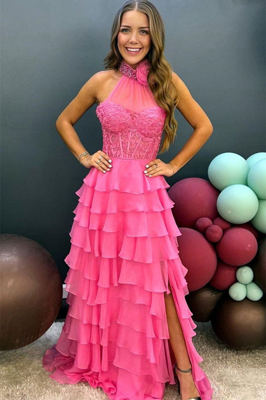 Dressystars A line High Neck Tiered Chiffon Elegant Prom Dress with 3D Flower