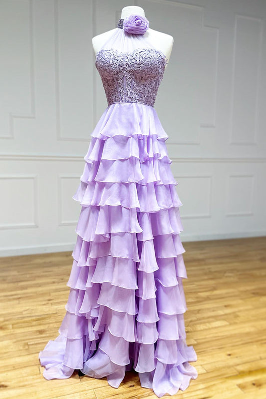 Dressystars A line High Neck Tiered Chiffon Elegant Prom Dress with 3D Flower