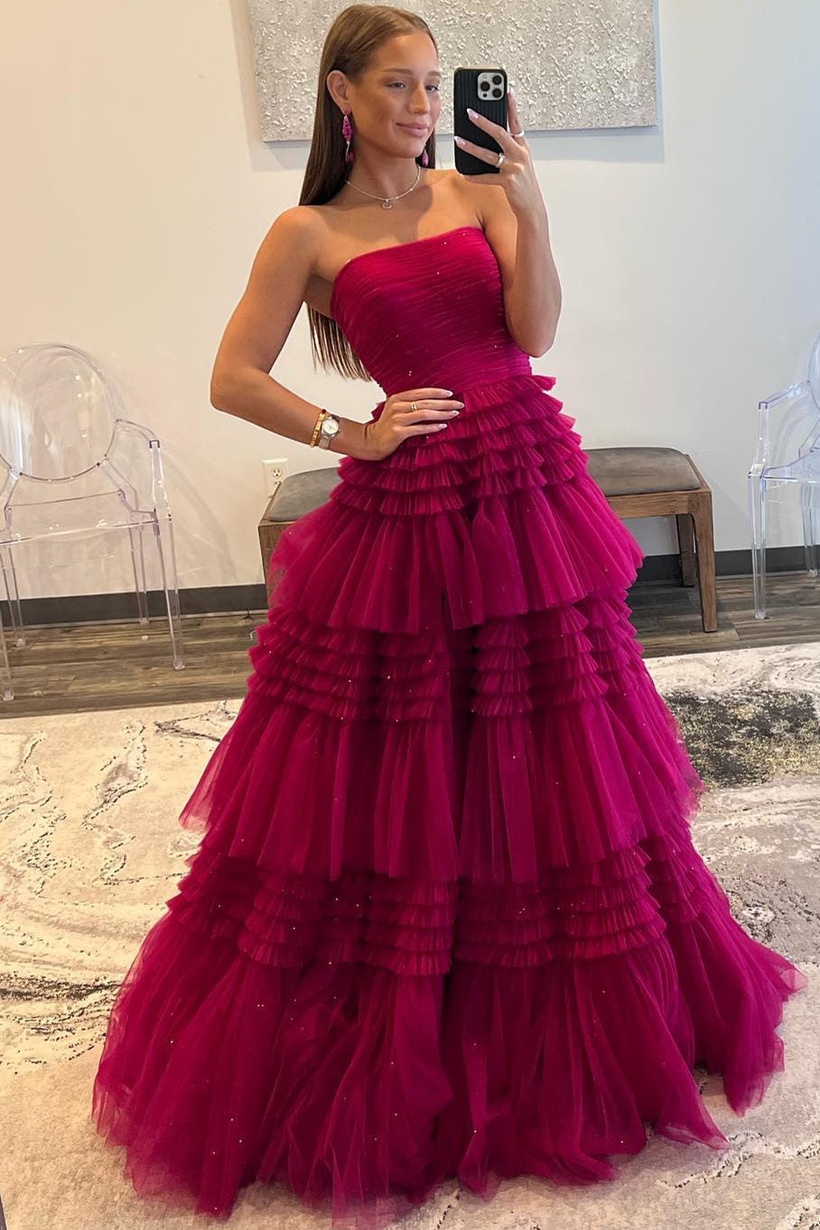 Daniela Dressystars A-Line Strapless Tulle Material Long Elegant Prom Dress with Layered Ruffles 