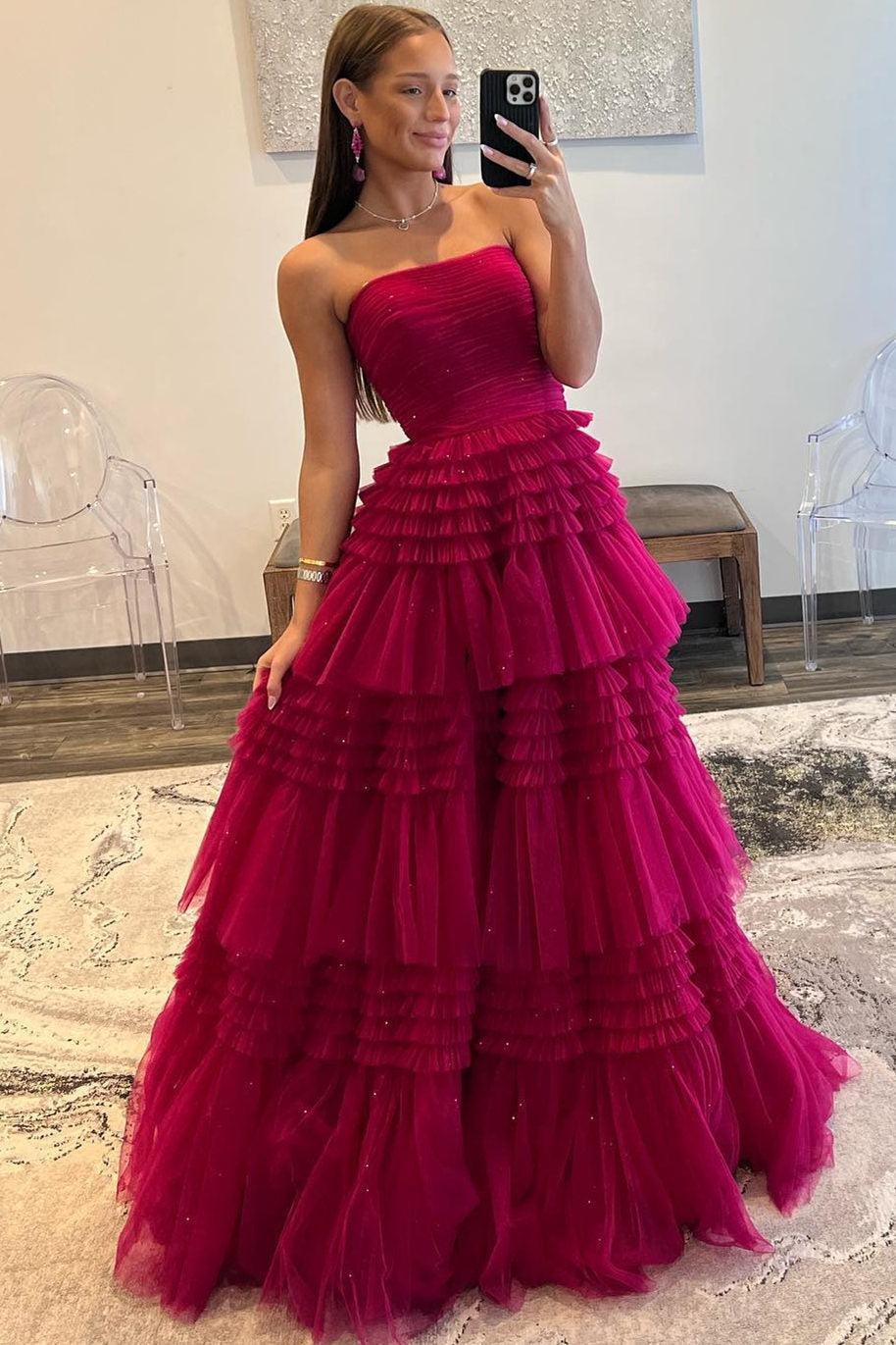 Daniela Dressystars A-Line Strapless Tulle Material Long Elegant Prom Dress with Layered Ruffles 