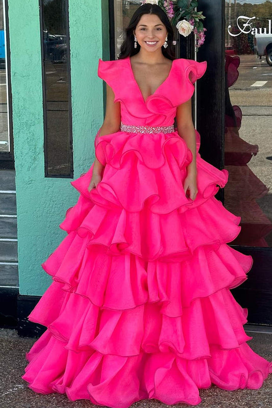 Zoey Dressystars  Hot Girly Pink Sexy V-Neck Ruffle Tiered Long Elegant Prom Dress with Delicate Beaded  Waist