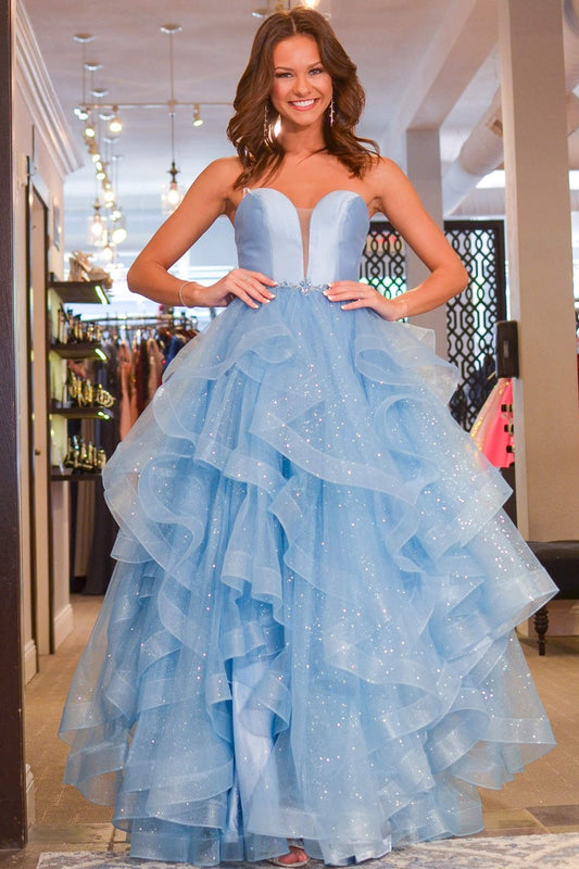 Dressystars Princess Strapless Satin Glitter Tulle Material Prom Dress