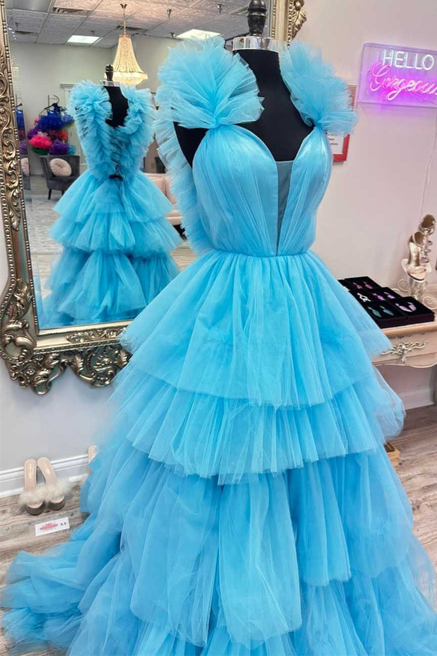 Bernice Dressystars  Light Blue Ruffle Straps A-Line Tiered Prom Dress