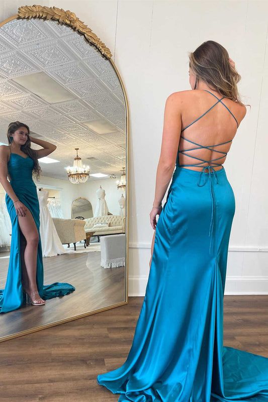 Xyla Dressystars  Straps Teal Sexy V-Neck Ruched Long Prom Dress