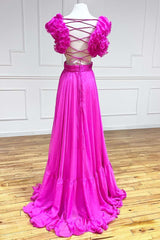 Aadhya Dressystars  Lace-Up Fuchsia Sexy V-Neck Ruffle Pleated Long Prom Dress