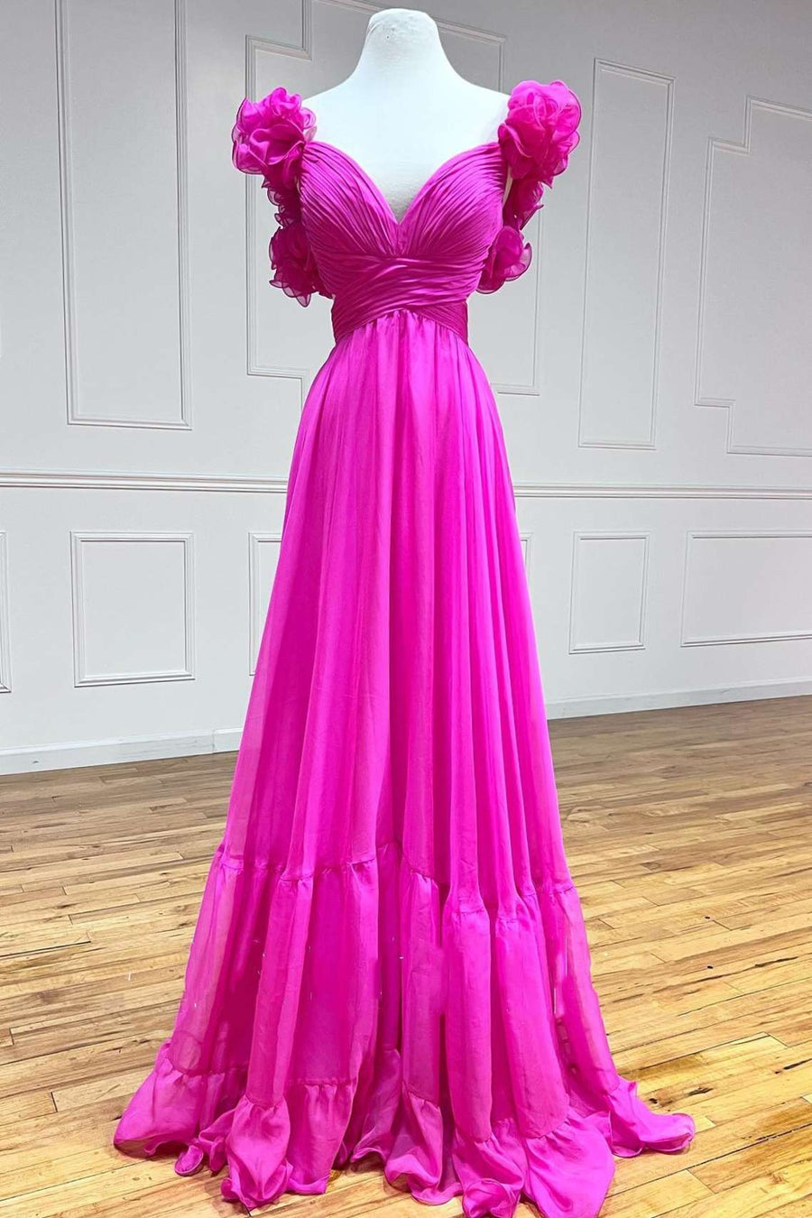 Aadhya Dressystars  Lace-Up Fuchsia Sexy V-Neck Ruffle Pleated Long Prom Dress