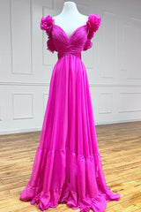 Aadhya Dressystars  Lace-Up Fuchsia Sexy V-Neck Ruffle Pleated Long Prom Dress