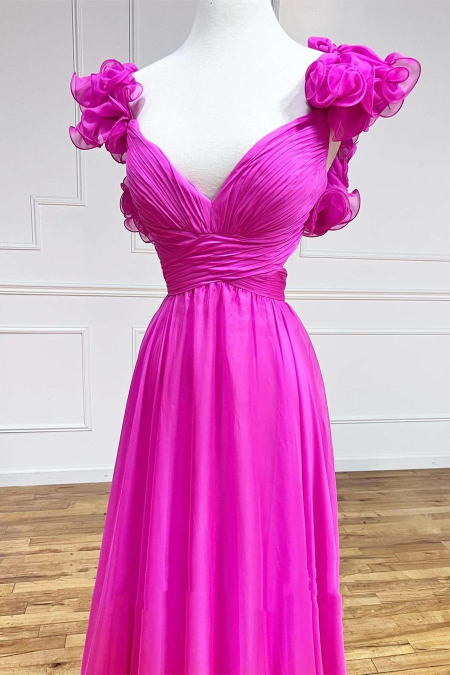 Aadhya Dressystars  Lace-Up Fuchsia Sexy V-Neck Ruffle Pleated Long Prom Dress