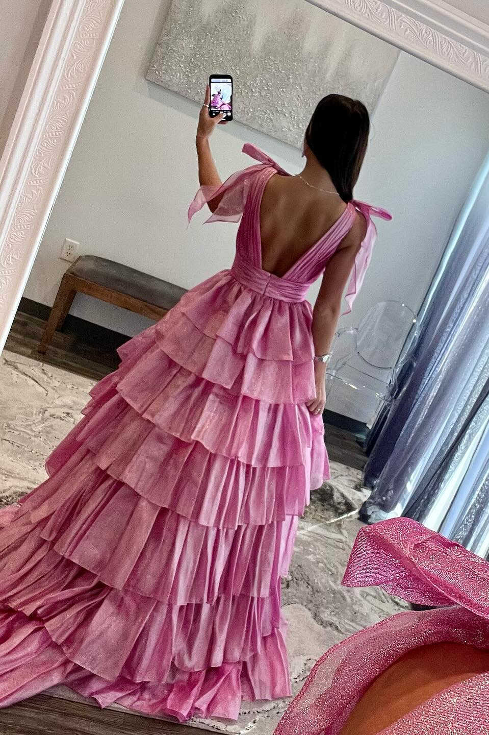 Dressystars Girly Pink Glitter Tie Straps Plunging Neck Tiered Long Prom Dress