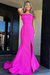 Denver Dressystars  Strapless Maganta Ruffle Mermaid Split Design Long Prom Dress