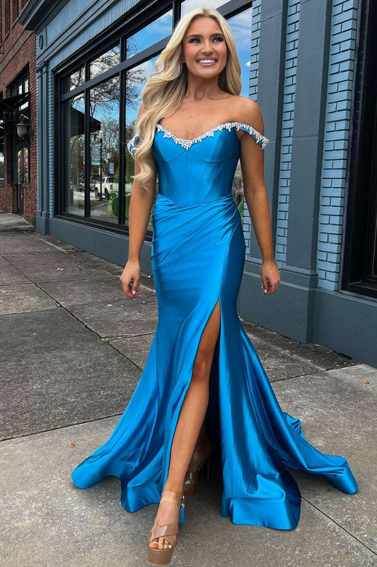 Bellamy Dressystars  Off the Shoulder Delicate Beaded  Blue Mermaid Elegant Prom Dress with Split Design