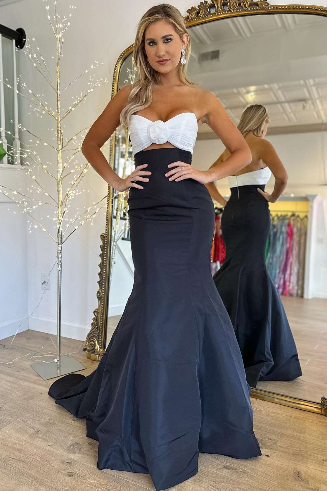 Julie Dressystars  Strapless White and Glamorous Black Ruched Mermaid Prom Dress