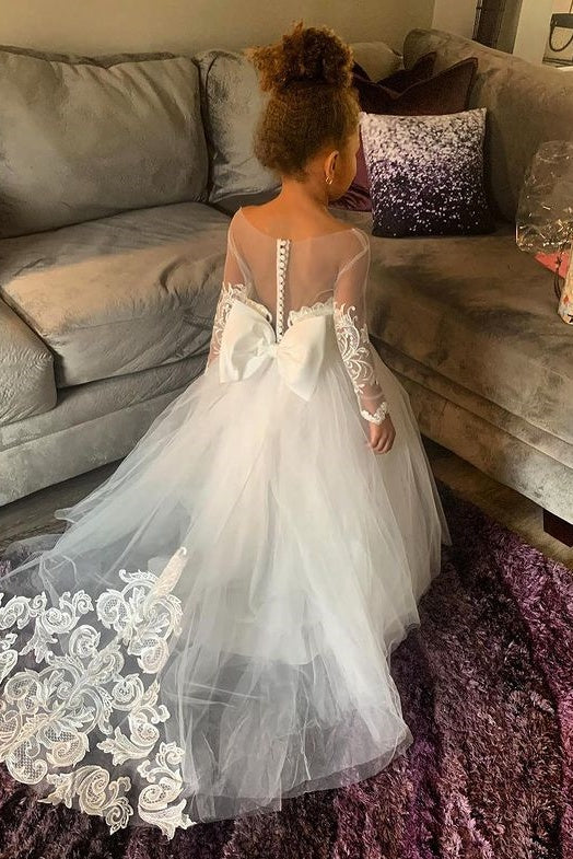 Ivory Long Sleeves Tulle A Line Flower Girl Dress with Lace Appliques