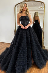 Sparkly A-Line Black Spaghetti Straps Long Tulle Prom Dress with Slit