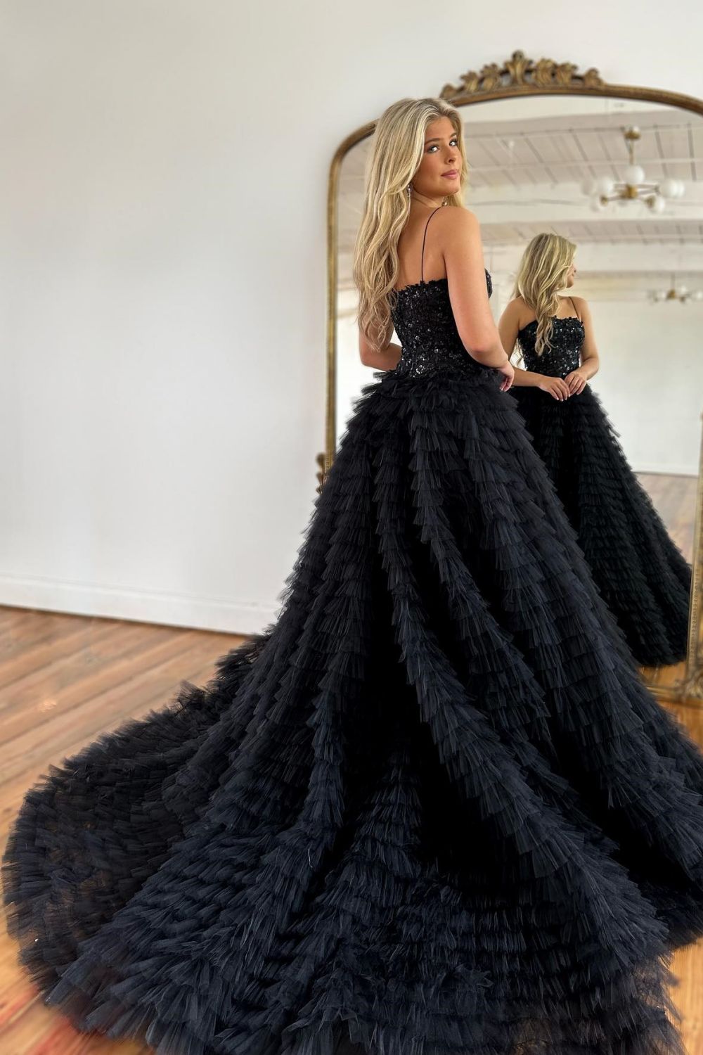 Sparkly A-Line Black Spaghetti Straps Long Tulle Prom Dress with Slit