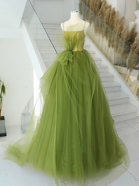 A-Line Green Tulle Long Prom Dress Green Tulle Long Evening Dress