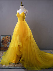 Yellow V-Neck High-Low Prom Dress Yellow Evening Gown