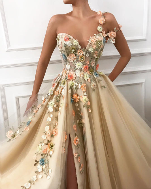 One Shoulder Prom Dress Tulle A Line Slit Evening Dress With Flowers