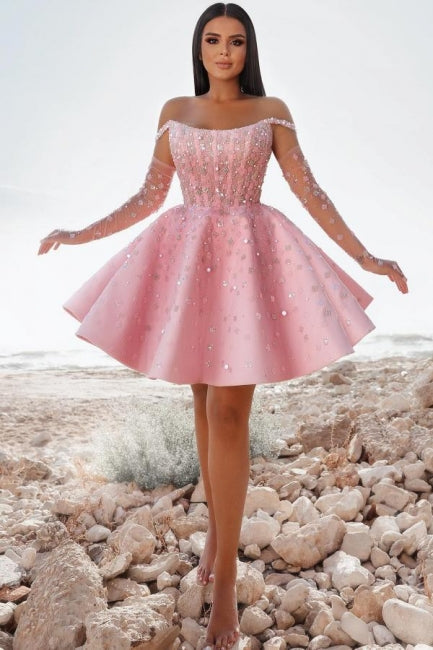 Pink Homecoming Dress Off the Shoulder Ball Gown Beaded Short Cocktail Dress