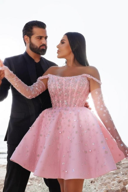 Pink Homecoming Dress Off the Shoulder Ball Gown Beaded Short Cocktail Dress