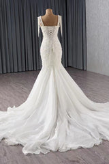 Ivory Mermaid Wedding Dress Tulle Bridal Dress with Imitation Pearls