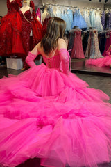 Sue Dressystars  Hot Girly Pink Off-Shoulder A-line Tulle Material Layers Applique Hi-Low Prom Dress