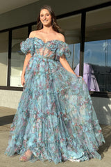 Sydney Dressystars A Line Chic Sweetheart Collar Printed Tulle Material Long Prom Dress