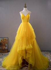 Yellow V-Neck High-Low Prom Dress Yellow Evening Gown