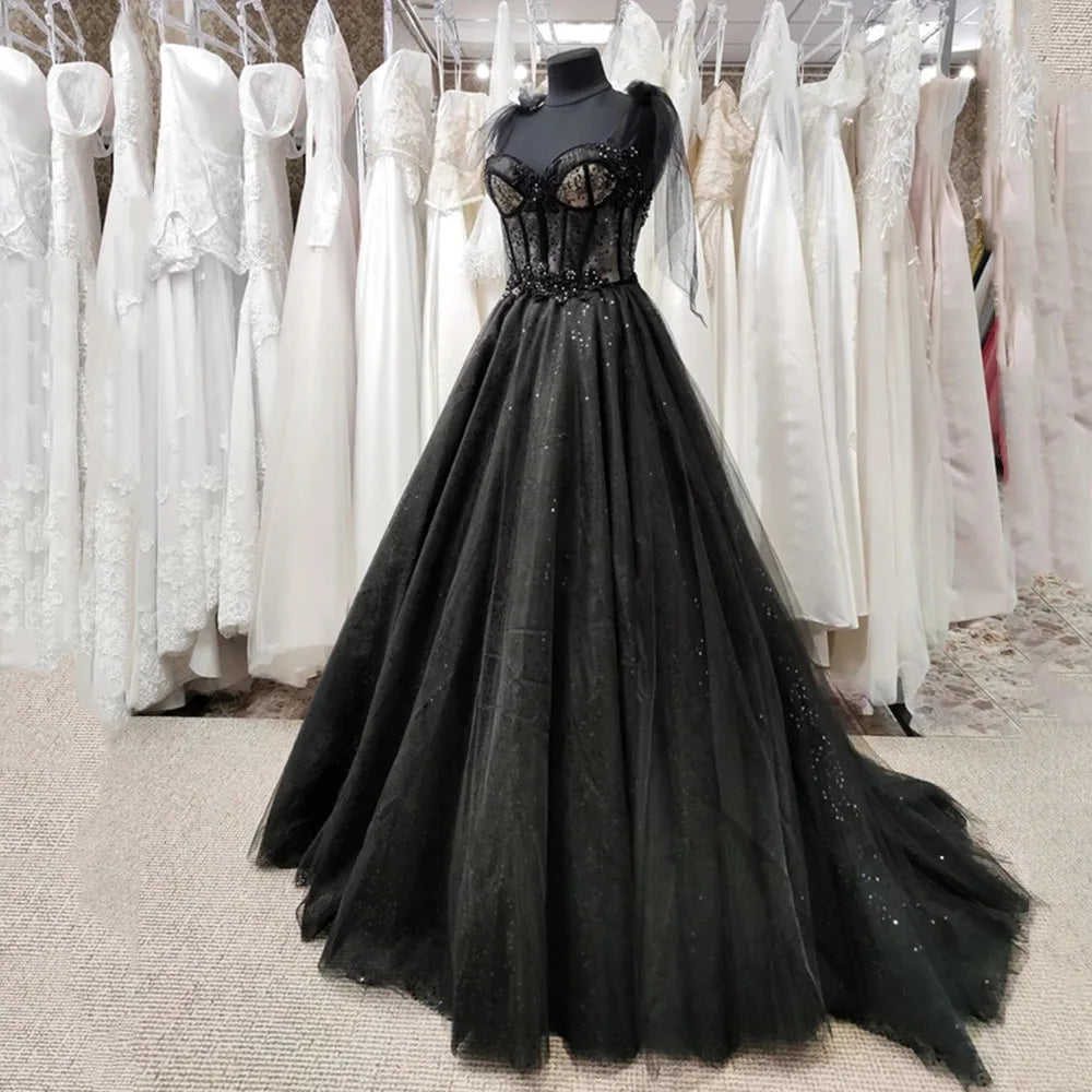 Glitter Lace Tulle Material Chic Sweetheart Collar Sexy Corset Court Glamorous Black Wedding Dress